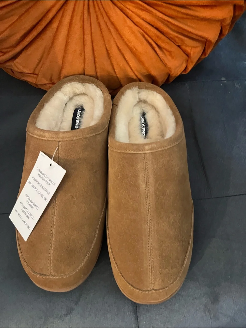 Lands' End Suede Shearling-Lined Slip-On Clogs - Chestnut Brown